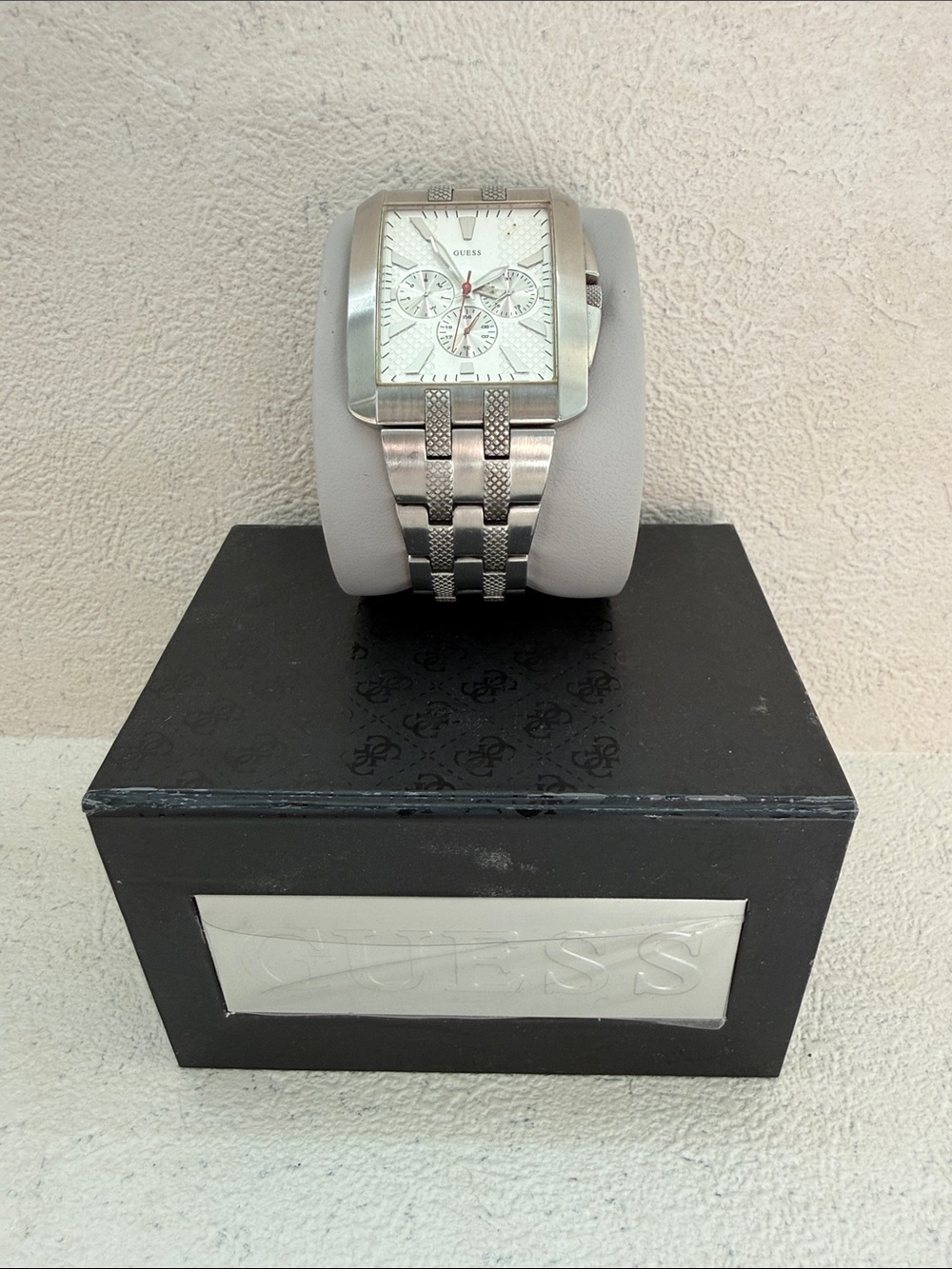 GUESS Men's Silver Tone Rectangular Chronograph Watch